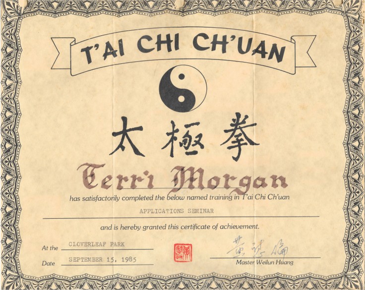 Push Hands Certificate from Huang WeiLun, 1985